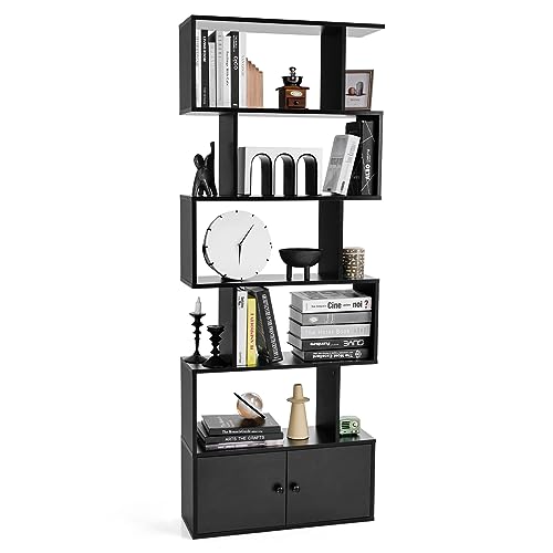 COSTWAY Bücherregal mit Türen, Standregal mit 5 Ebenen, Raumteiler Regal, Büroregal aus Holz, Aufbewahrungsregal für Wohnzimmer, Schlafzimmer, 183 x 70 x 23 cm (Schwarz) von COSTWAY