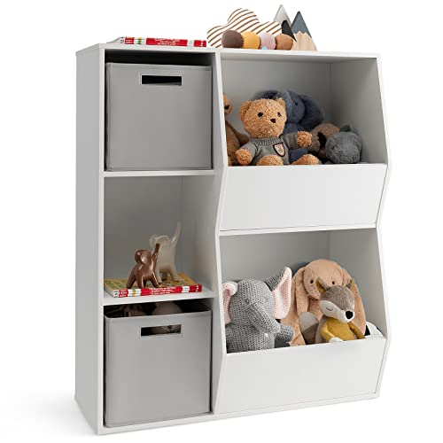 COSTWAY Bücherregal Kinder, 3-stöckiges Kinderregal mit 2 Boxen & 5 Fächern, Spielzeugregal Aufbewahrungsregal aus Holz für Kinderzimmer Schlafzimmer, 77 x 29 x 94cm (Weiß+Grau, 5 Fächer) von COSTWAY