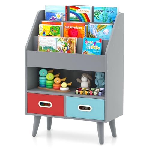 COSTWAY Bücherregal Kinder, Kinderregal mit 3 Ablagen & offenem Fach & 2 Stoffschubladen, Kinderzimmer Regal Holz, Kippschutz, Spielzeug Organizer für Klassenzimmer & Kinderzimmer (Grau) von COSTWAY