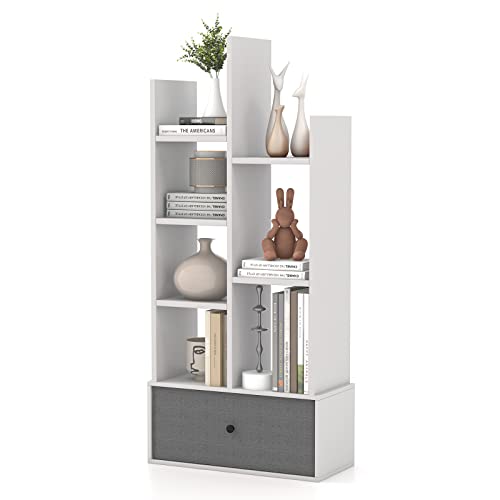 COSTWAY Bücherregal im Baumform, Standregal mit Schublade, Regal mit 7 Fächern, Aufbewahrungsregal für Wohnzimmer, Schlafzimmer, 53 x 24 x 118 cm (Weiß) von COSTWAY