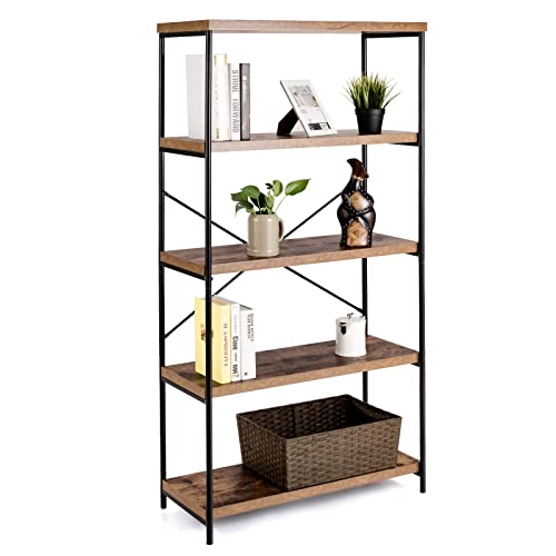 COSTWAY Bücherregal mit 5 Ebenen, Standregal mit Metallrahmen, freistehendes Regal, Büroregal für Wohnzimmer, Schlafzimmer, Arbeitszimmer, 79 x 35 x 160 cm, Industrie-Design (Braun) von COSTWAY