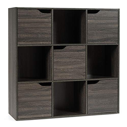 COSTWAY Bücherregal mit 5 Türen und 9 Fächern, Standregal, Büroregal freistehend, Aufbewahrungsregal für Wohnzimmer, Schlafzimmer, 90 x 29 x 90 cm, Grau von COSTWAY