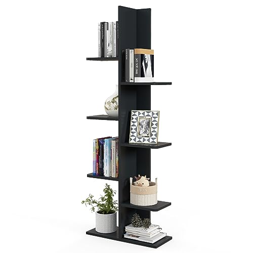 COSTWAY Bücherregal mit 7 Ablagen, Aufbewahrungsregal, Standregal, Büroregal freistehend, Dekoregal, Regal für Bücher, Fotorahmen, Topfpflanzen, 141 x 50 x 20 cm (Schwarz) von COSTWAY