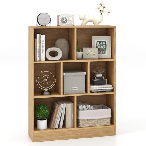 COSTWAY Bücherregal mit 7 Fächern, Standregal mit 3 Ebenen, Würfelregal, Büroregal, Aufbewahrungregal für Wohnzimmer, Schlafzimmer, Arbeitszimmer, Büro, 80 x 24 x 104 cm (Natur) von COSTWAY