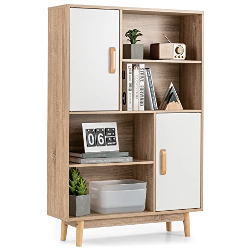 COSTWAY Bücherschrank mit 2 Türen und 4 offenen Regalen, Bücherregal Holz, Standregal, Holzregal, Aufbewahrungsregal für Wohnzimmer, Arbeitszimmer, Küche, 80 x 24 x 120 cm (Weiß) von COSTWAY