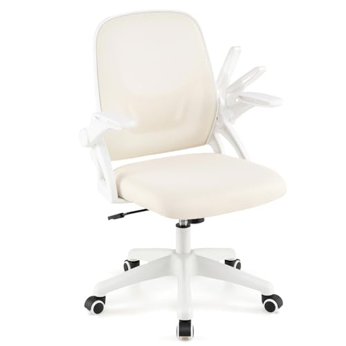 COSTWAY Bürostuhl, Ergonomischer Schreibtischstuhl mit hochklappbaren Armlehnen und Wippfunktion, Computerstuhl mit atmungsaktivem Netzgewebe, höhenverstellbar, 360° Drehstuhl (Beige) von COSTWAY