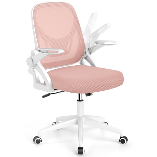 COSTWAY Bürostuhl, Ergonomischer Schreibtischstuhl mit hochklappbaren Armlehnen und Wippfunktion, Computerstuhl mit atmungsaktivem Netzgewebe, höhenverstellbar, 360° Drehstuhl (Rosa) von COSTWAY
