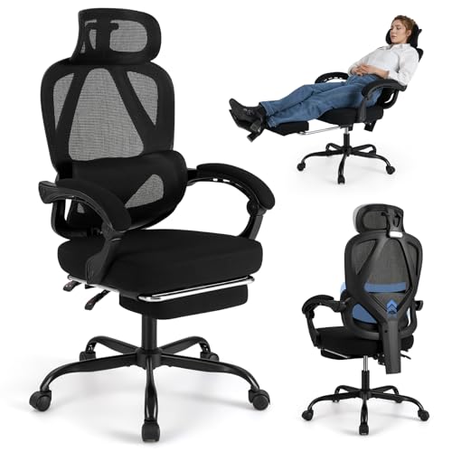 COSTWAY Bürostuhl ergonomisch mit einziehbarer Fußstütze, Schreibtischstuhl mit Verstellbarer Rückenlehne, Kopfstütze & Lendenstütze, Computerstuhl mit Wippenfunktion, Drehstuhl für Zuhause, Büro von COSTWAY