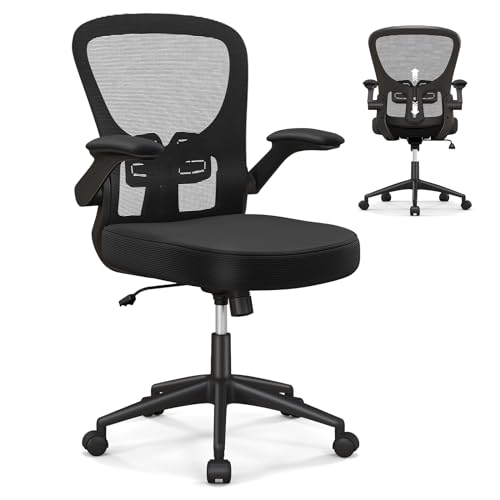 COSTWAY Bürostuhl mit hochklappbaren Armlehnen, ergonomischer Schreibtischstuhl mit Verstellbarer Lendenstütze & Wippfunktion, höhenverstellbarer Drehstuhl, Computerstuhl bis 150 kg belastbar von COSTWAY