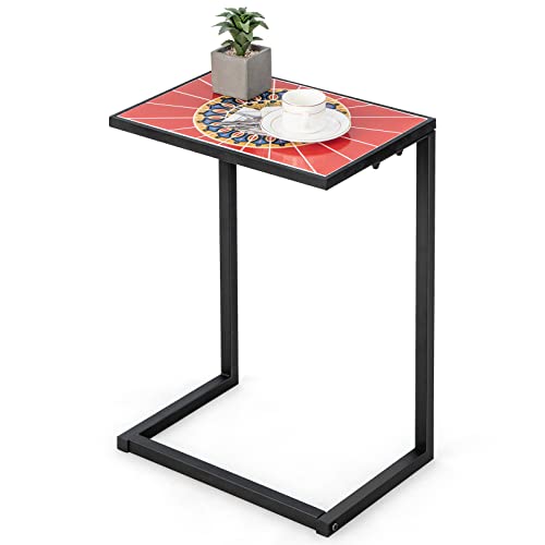 COSTWAY C-förmiger Beistelltisch mit Keramikplatte, Sofatisch mit Metallrahmen, Kaffeetisch für Wohnzimmer, Terrasse, Garten & Balkon, 46,5 x 32 x 65,5 cm von COSTWAY