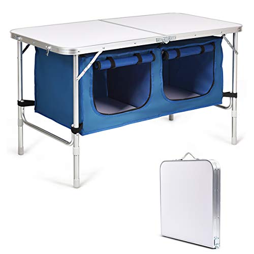COSTWAY Campingküche mit großem Stauraum, Reiseküche Klapptisch Alu Höhenverstellbar von 53-70cm, Gartentisch Picknicktisch Campingschrank (Blau) von COSTWAY