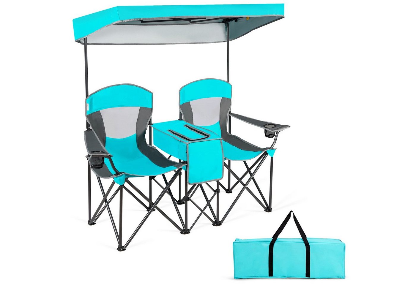 COSTWAY Campingstuhl, 2-Sitzer, mit Sonnenschutz, Mini-Tisch, klappbar mit Tragetasche von COSTWAY