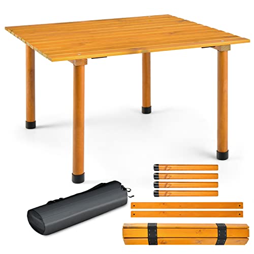 COSTWAY Campingtisch, aufrollbarer Picknicktisch aus Holz, tragbarer Allzweck-Outdoor-Tisch mit Tragetasche für Strand, Picknicks, Angeln und Partys, 69 x 69 x 42 cm von COSTWAY