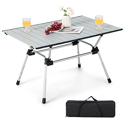 COSTWAY Campingtisch faltbar, höhenverstellbarer Falttisch mit Aluminium-Tischplatte, Klapptisch Gartentisch mit aufrollbarer Tischplatte, inkl. Tragetasche, 90 x 60,5 x 52 cm (Silber) von COSTWAY