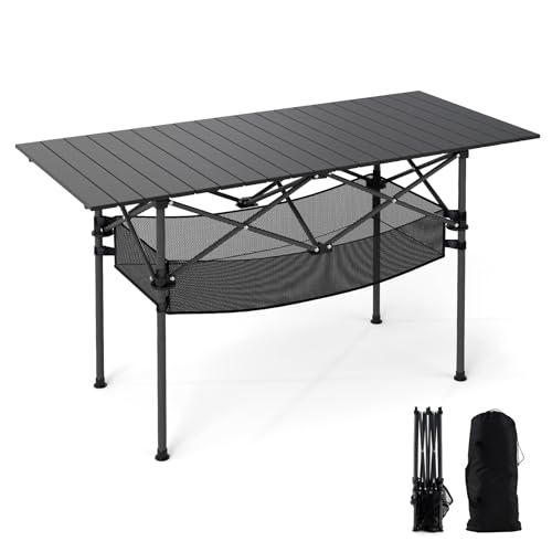 COSTWAY Campingtisch klappbar 119x55cm, Klapptisch mit aufrollbarer Aluminium-Tischplatte & Netzkorb, Falttisch bis 100 kg belastbar, inkl. Tragetasche, für Camping, Garten (Schwarz) von COSTWAY