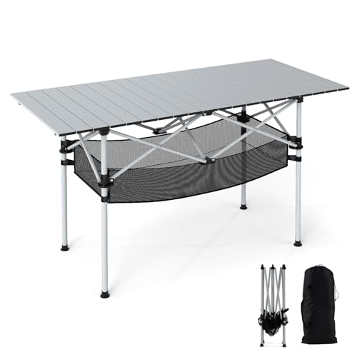 COSTWAY Campingtisch klappbar 119x55cm, Klapptisch mit aufrollbarer Aluminium-Tischplatte & Netzkorb, Falttisch bis 100 kg belastbar, inkl. Tragetasche, für Camping, Garten (Silber) von COSTWAY