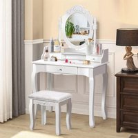 Coiffeuse avec Tabouret Rembourré, Table de Maquillage de Style Vintage avec Miroir Ovale Pivotant à 360°, 3 Tiroirs et Dessus Amovible, pour von COSTWAY