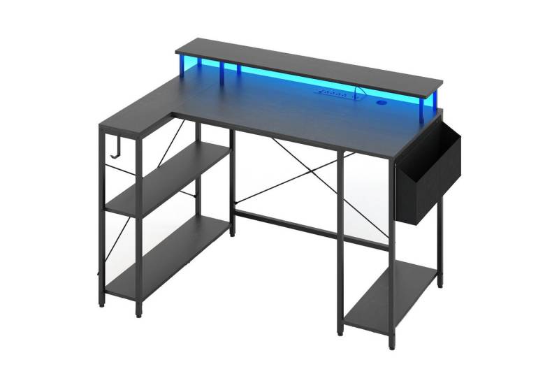 COSTWAY Computertisch, mit Steckdosen, LEDs, Monitorständer, Regalen & Tasche von COSTWAY