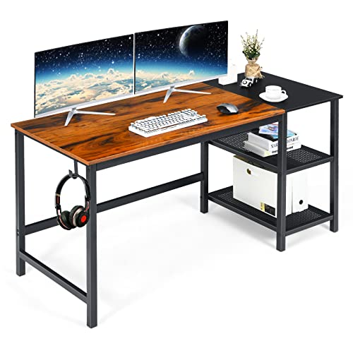 COSTWAY Computertisch 150cm, Schreibtisch mit herausnehmbaren Ablagefächern, industrieller Laptop-Schreibtisch mit Kopfhörerhaken Stahlrahmen, PC Tisch für Zuhause Büro (Braun) von COSTWAY