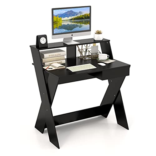 COSTWAY Computertisch mit Schublade, Schreibtisch mit Monitorerhöhung, Arbeitstisch X-förmig, aus Holz, für kleine Räume Zuhause und im Büro, 90 x 61 x 94 cm (Schwarz) von COSTWAY