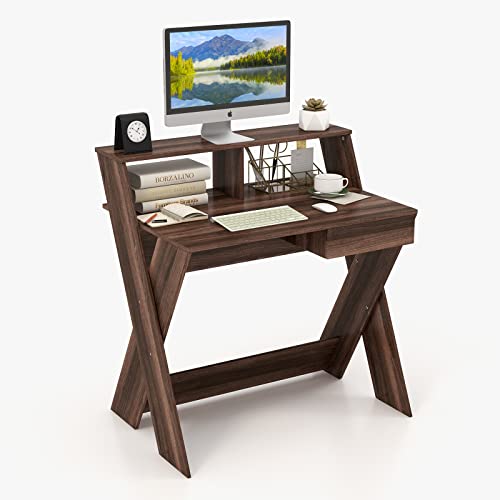 COSTWAY Computertisch mit Schublade, Schreibtisch mit Monitorerhöhung, Arbeitstisch X-förmig, aus Holz, für kleine Räume Zuhause und im Büro, 90 x 61 x 94 cm (Walnuss) von COSTWAY