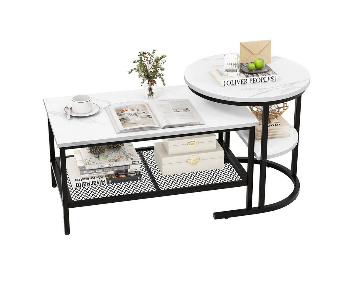 COSTWAY Couchtisch, 2er Set, Marmor, Beistelltisch mit Stauraum, Gold, Metall von COSTWAY