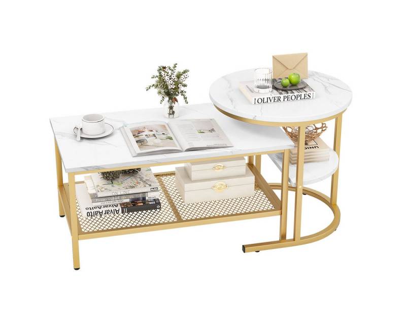 COSTWAY Couchtisch, 2er Set, Marmor, Beistelltisch mit Stauraum, Gold, Metall von COSTWAY