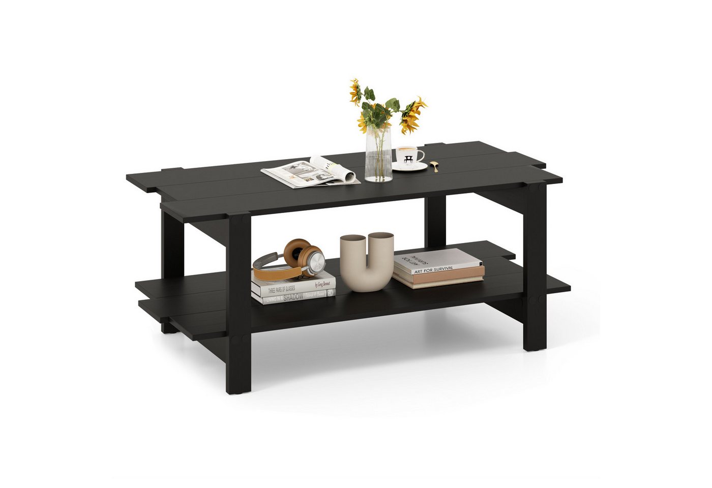 COSTWAY Couchtisch, Kaffeetisch Lattenholz mit Ablage, rechteckig, 59x115x46cm von COSTWAY