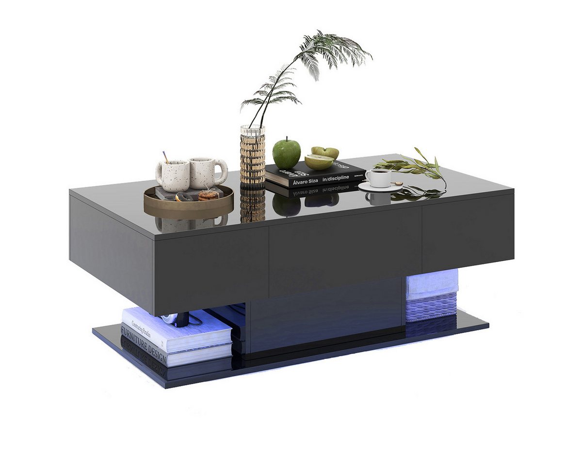 COSTWAY Couchtisch, LED, Hochglanz, 20 Farbeneinstellbar mit Stauraum schwarz von COSTWAY