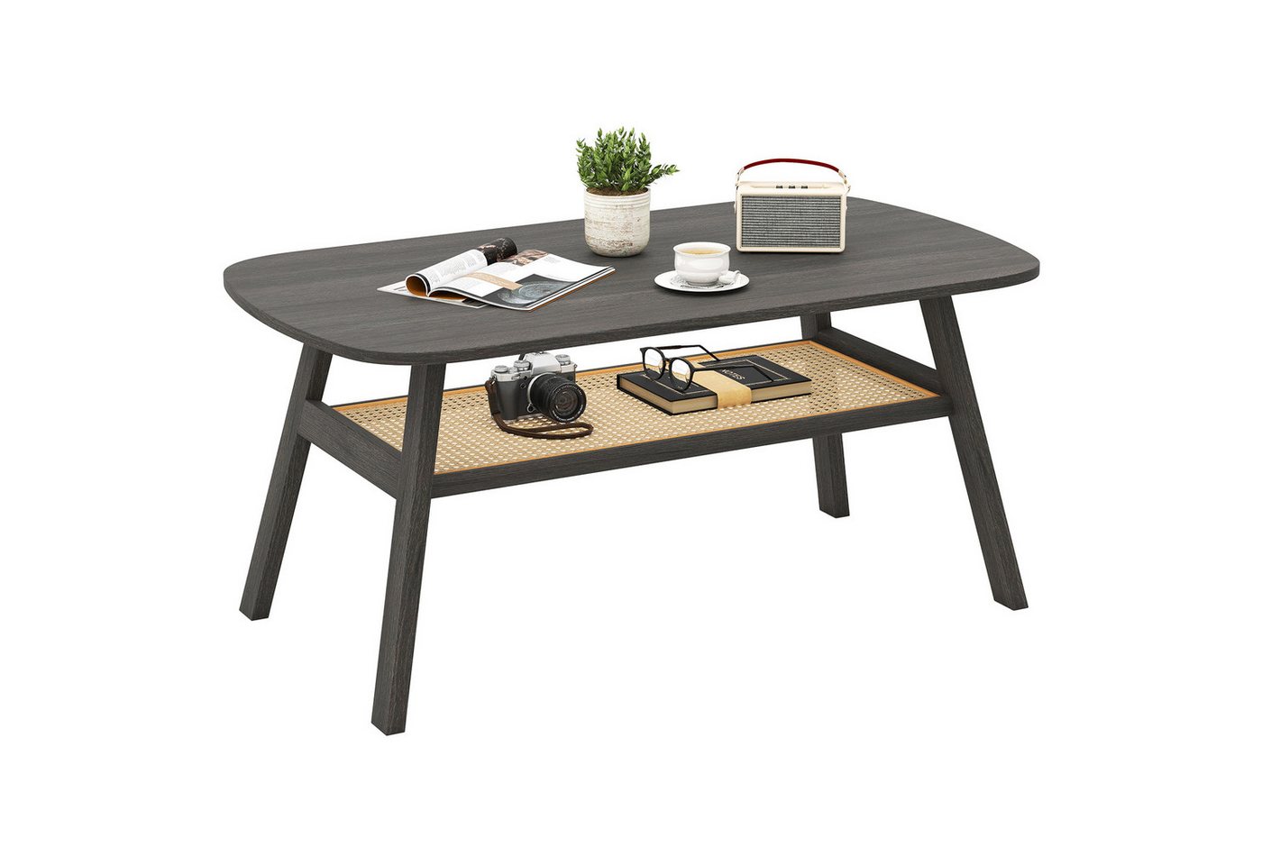 COSTWAY Couchtisch, Sofatisch, 2-stufig mit Rattan-Ablagefach, Holz 100x55x44,5cm von COSTWAY