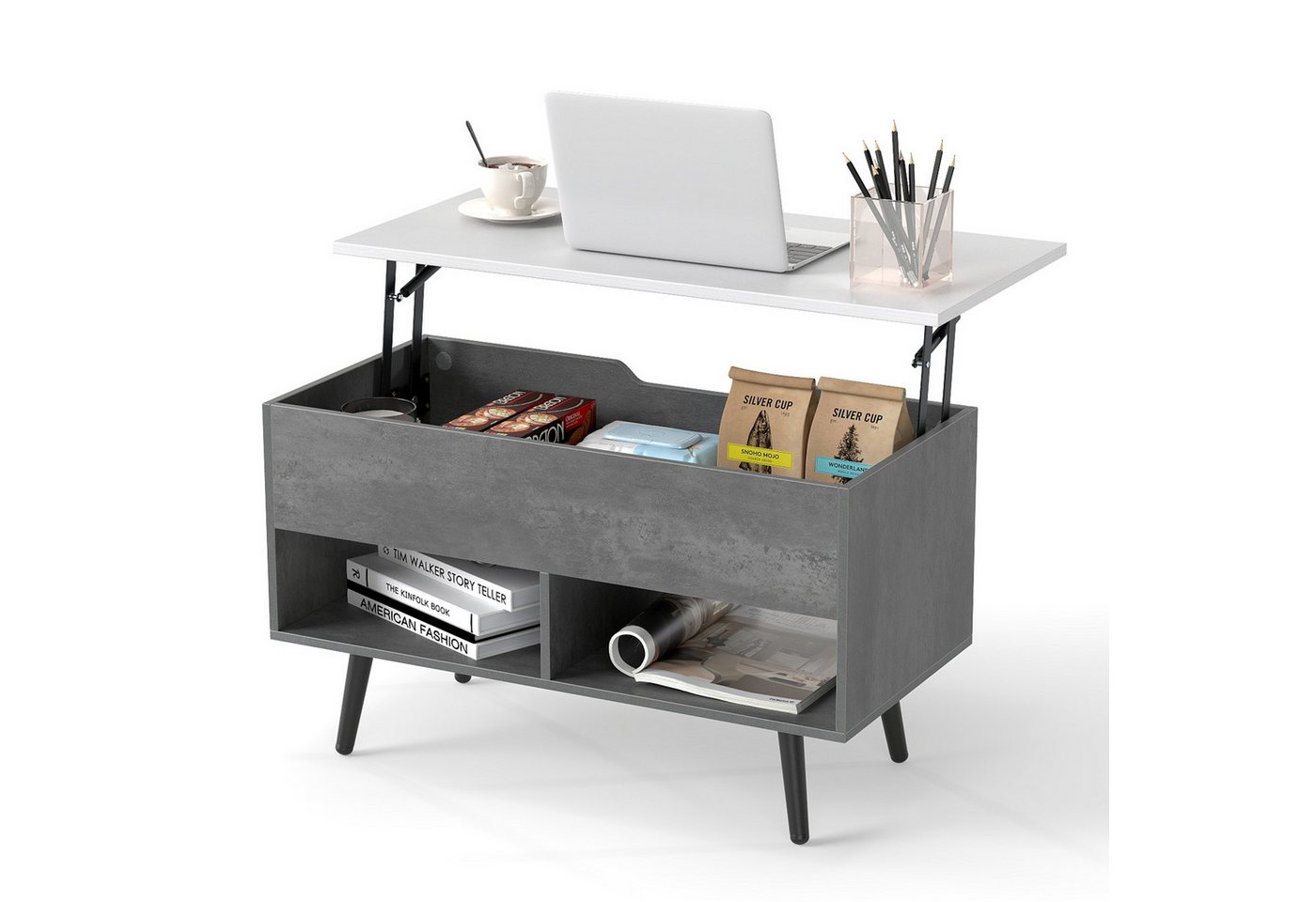 COSTWAY Couchtisch, höhenverstellbar, Stauraum mit 2 Fächern, 80x40x44,5-85cm von COSTWAY