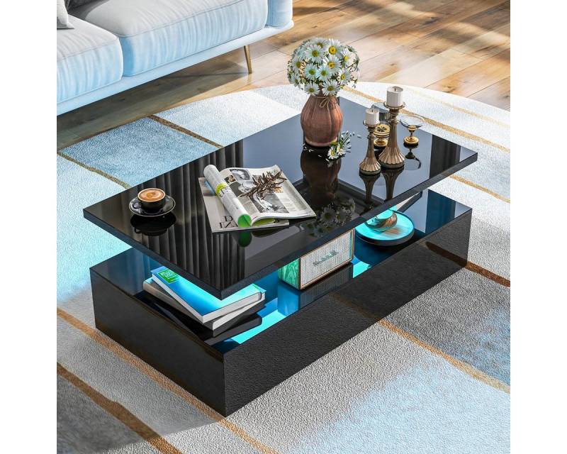 COSTWAY Couchtisch, mit LED 20 Farben, Sofatisch mit Stauraum hochglanz, 110x60x40cm von COSTWAY