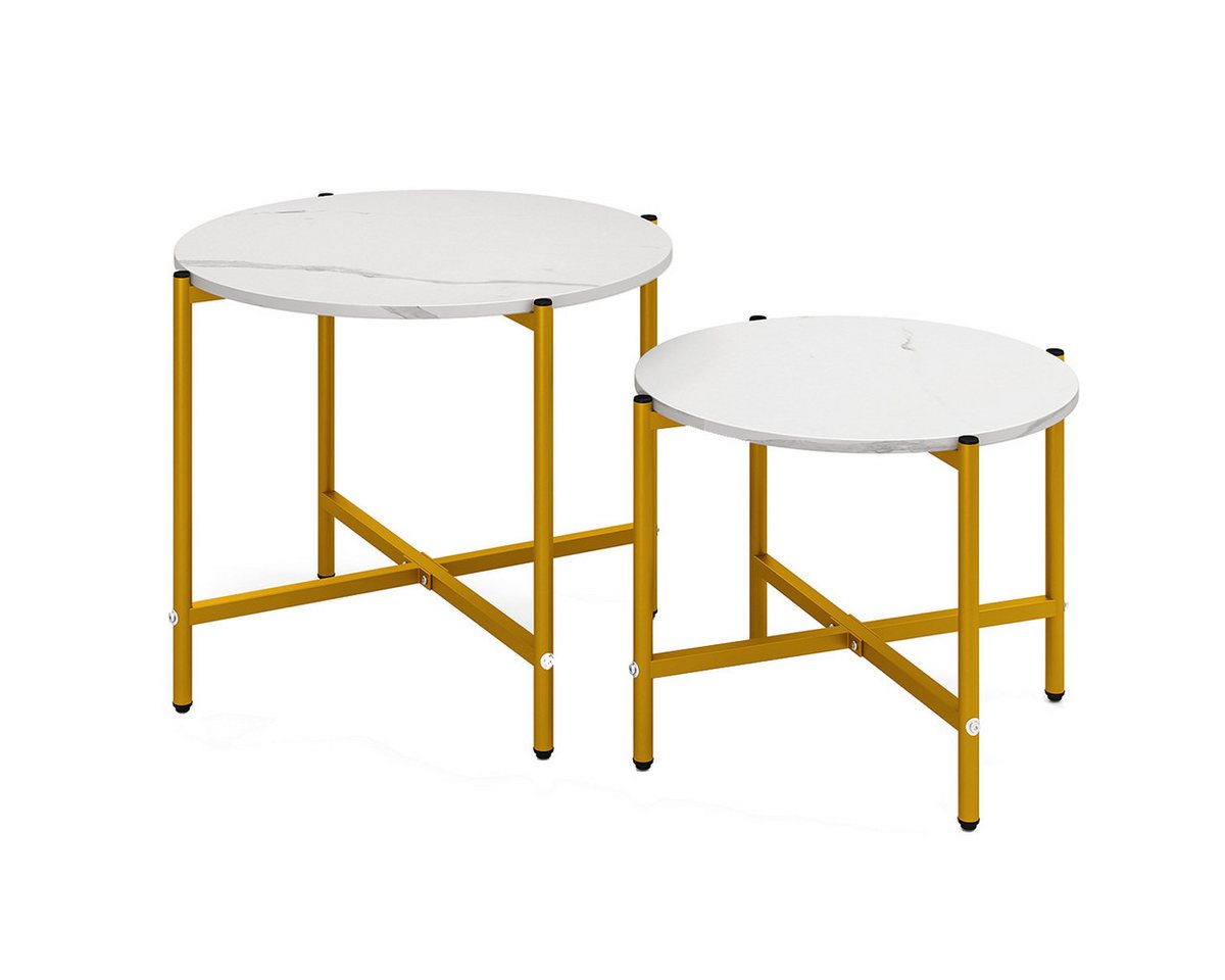 COSTWAY Couchtisch (2-St), Beistelltisch rund mit Marmoroptik, Metall Gold von COSTWAY