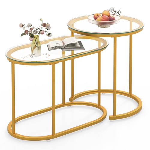 COSTWAY Couchtisch Glas, 2er Set, Satztisch mit Tischplatte aus gehärtetem Glas, Beistelltisch, Kaffeetisch, Sofatisch, Wohnzimmertisch, Gold von COSTWAY