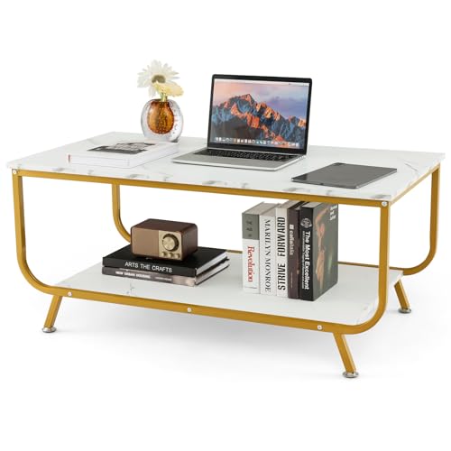 COSTWAY Couchtisch Marmor Optik, Wohnzimmertisch mit unterer Ablage, Sofatisch mit Metallrahmen, Kaffeetisch für Wohnzimmer, Büro, 105 x 55 x 46,5 cm (Weiß) von COSTWAY