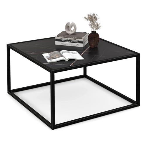 COSTWAY Couchtisch Marmor Optik, rechteckiger Kaffeetisch mit Metallrahmen, modern, 70 x 70 x 40cm (schwarz) von COSTWAY