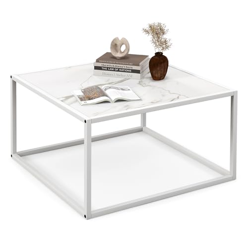 COSTWAY Couchtisch Marmor Optik, rechteckiger Kaffeetisch mit Metallrahmen, modern, 70 x 70 x 40cm (weiß) von COSTWAY