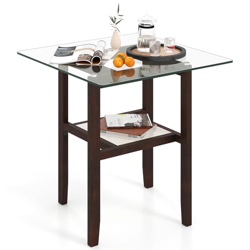 COSTWAY Couchtisch aus Glas, 2-stöckiger Beistelltisch mit Ablagefläche, 107 cm Langer rechteckiger Kaffeetisch mit Beinen aus massivem Gummibaumholz für Wohnzimmer, Büro (61 x 61 x 62 cm) von COSTWAY
