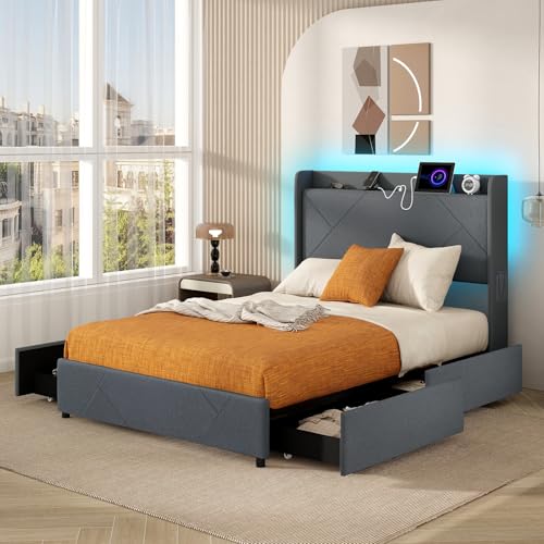 COSTWAY Doppelbettgestell inkl. LED-Leuchten, gepolstertes Plattformbett mit Ladestation, 2 Aufbewahrungstaschen & 4 Schubladen, Bettgestell mit Flügelkopfteil, Bettrahmen grau (200 x 160 cm) von COSTWAY