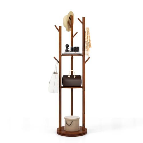 COSTWAY 360° Drehbarer Garderobenständer Holz, Mantelständer mit 3 Ablagefächern & 9 Haken für Mäntel, Schals, Hüte & Taschen, 167cm Kleiderständer für Flur, Wohnzimmer, Schlafzimmer von COSTWAY