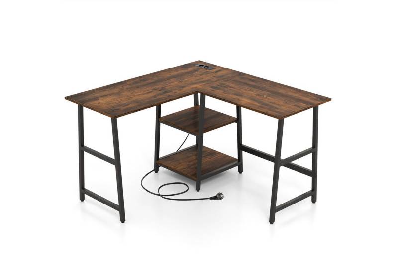 COSTWAY Eckschreibtisch, mit 2 Ablageflächen, Steckdosen & USB-Anschlüssen von COSTWAY