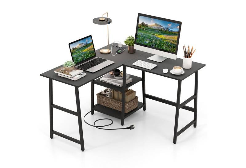COSTWAY Eckschreibtisch, mit 2 Ablageflächen, Steckdosen & USB-Anschlüssen von COSTWAY