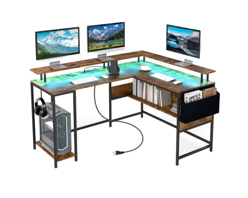 COSTWAY Eckschreibtisch, mit LEDs, Steckdosen, & Monitorständer 146 x 115 cm von COSTWAY