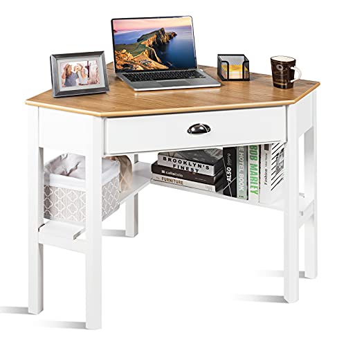 COSTWAY Eckschreibtisch mit Schublade & Ablage, L-förmiger Ecktisch Computertisch, platzsparender Schreibtisch, Bürotisch Arbeitstisch für Homeoffice, 75 x 75 x 76 cm (Weiß + Natur) von COSTWAY