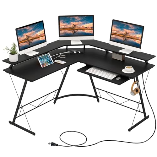 COSTWAY Eckschreibtisch mit Steckdose und USB-Ladeanschluss, L-förmiger Schreibtisch, Computertisch mit Monitorständer, Tastaturablage & Kopfhörerhaken, Ecktisch für Heimbüro, 130 x 130 x 86 cm von COSTWAY