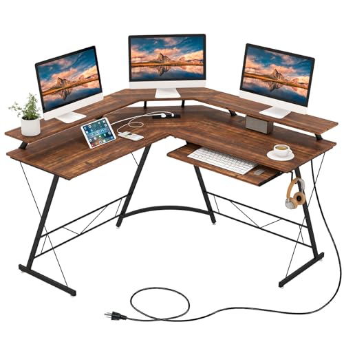 COSTWAY Eckschreibtisch mit Steckdose und USB-Ladeanschluss, L-förmiger Schreibtisch, Computertisch mit Monitorständer, Tastaturablage & Kopfhörerhaken, Ecktisch für Heimbüro, 130 x 130 x 86 cm von COSTWAY