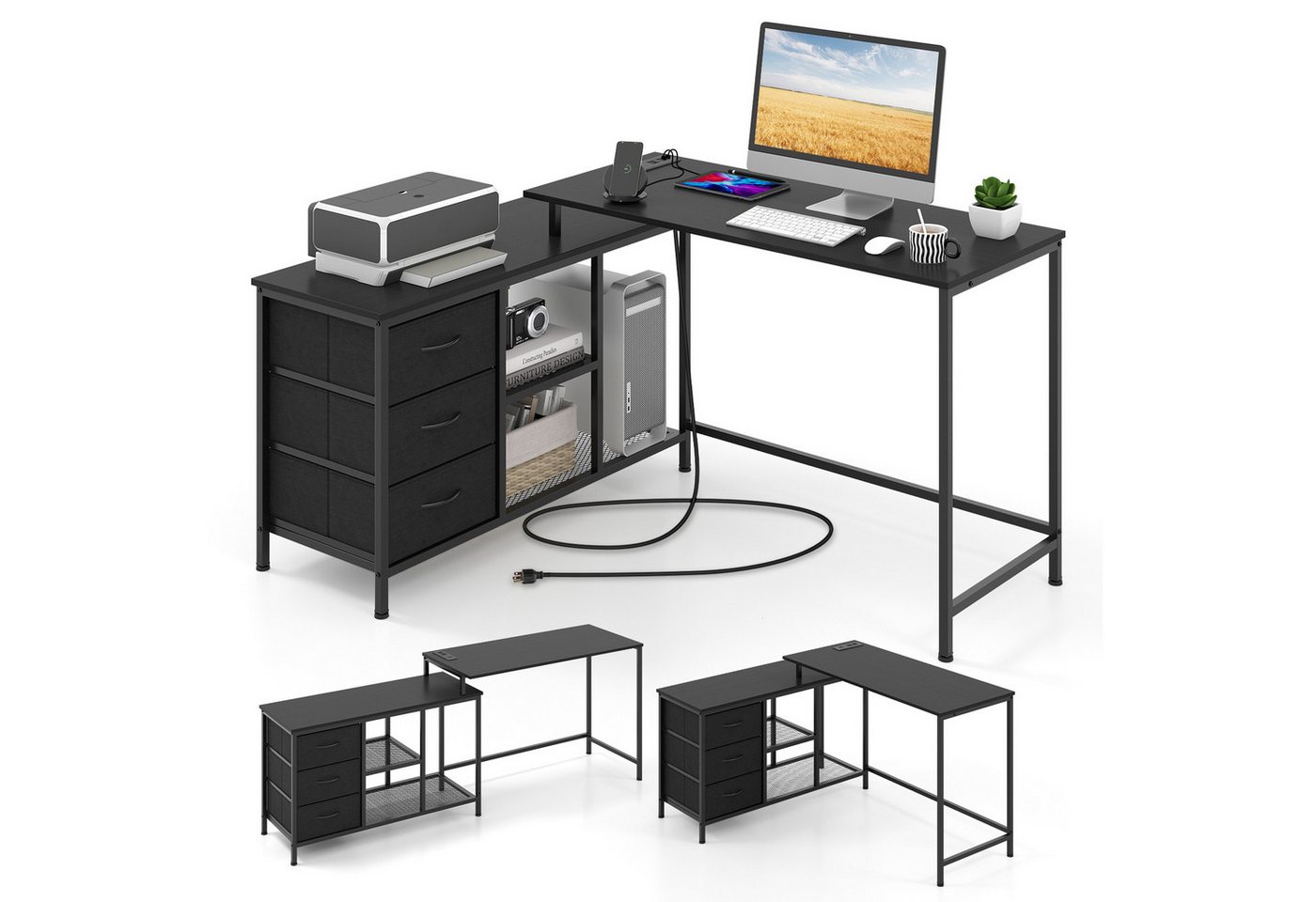 COSTWAY Eckschreibtisch, reversibler Ecktisch mit Steckdose & 3 Schubladen von COSTWAY