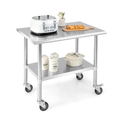 COSTWAY Edelstahl Arbeitstisch Küche, Edelstahltisch mit Höhenverstellbarer Ablage & 4 Universalrädern, 250 kg Tragkraft, 91,5x61x88,5cm, Küchentisch Zerlegetisch Tisch, Zubereitungstisch Bar von COSTWAY