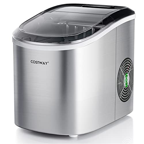 COSTWAY 2,2 L Eiswürfelmaschine 12kg/24H, Ice Maker 9 Eiswürfel in 6-13min, Elektrischer Eiswürfelbereiter mit Korb Schaufel 2 Eisgrößen (Silber) von COSTWAY