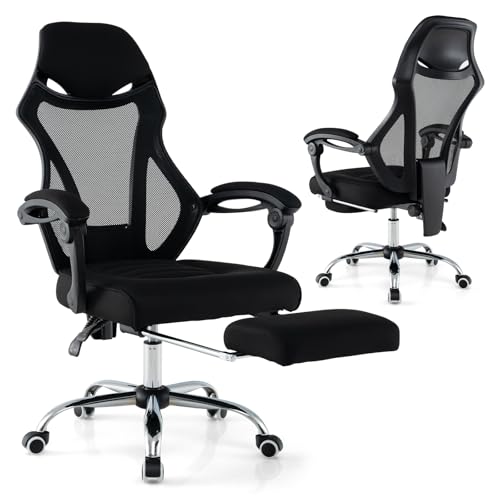 COSTWAY Ergonomischer Bürostuhl mit einziehbarer Fußstütze, Schreibtischstuhl mit bequemer Kopfstütze & Armlehnen, Computerstuhl mit höhenverstellbarer Rückenlehne, Drehstuhl für Heimbüro von COSTWAY